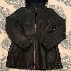 Black Long Leather Jacket, Lined w/ Faux Fur